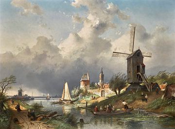Rivierlandschap met windmolen, Charles Leickert