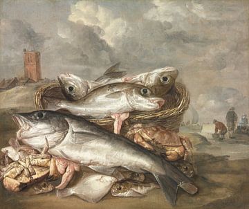 Nature morte de poissons sur le rivage à Egmond aan Zee, Abraham van Beijeren