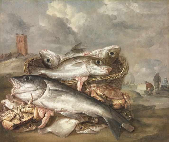Fischstillleben am Ufer von Egmond aan Zee, Abraham van Beijeren von Meisterhafte Meister