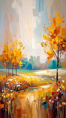 Goldene Herbstlandschaft mit abstrakten Bäumen und warmen Farbtönen – 1
