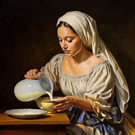 Portrait classique d'une jeune fille servant du lait, dans le style du clair-obscur sur STUDIO ARTSY