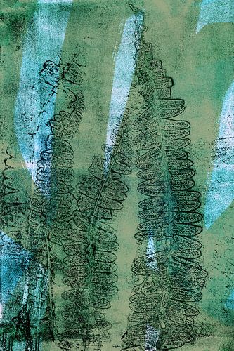 Moderne botanische kunst. Varensbladeren en abstracte vormen in blauw, groen en zwart