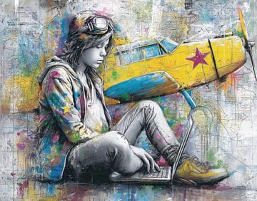 Kleurrijk graffiti schilderij van een meisje, met vliegtuig en wereldkaart van BowiScapes abstract en digitale kunst
