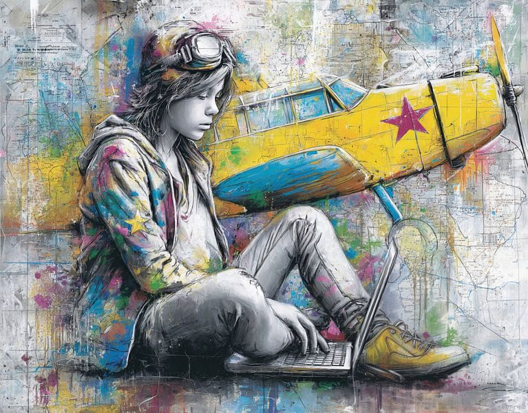 Graffiti coloré d'une fille, avec avion et carte du monde par BowiScapes Art Abstrait  et digital