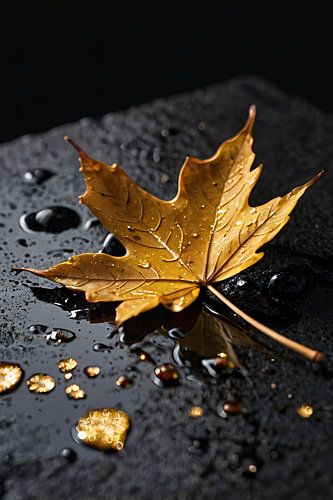 Gouden blad op natte steen