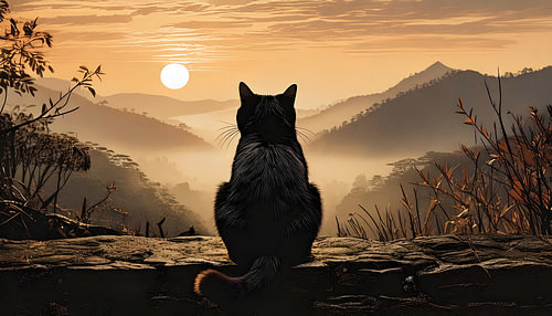 Contemplative cat at sunrise