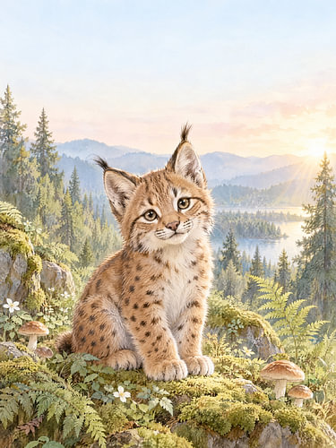 Junger Luchs am Waldsee im Morgenlicht