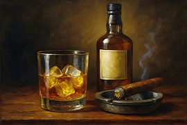 Whisky glass, bottle and cigar painting. by Johannes