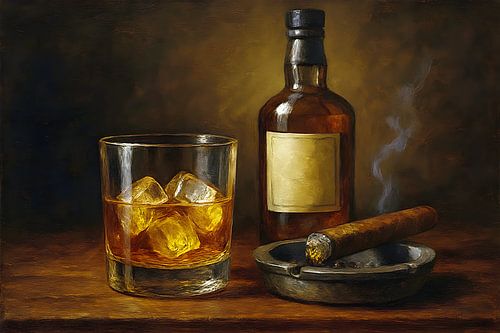 Whisky glass, bottle and cigar painting.