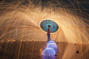 Fire sparks with burning steel wool in the night