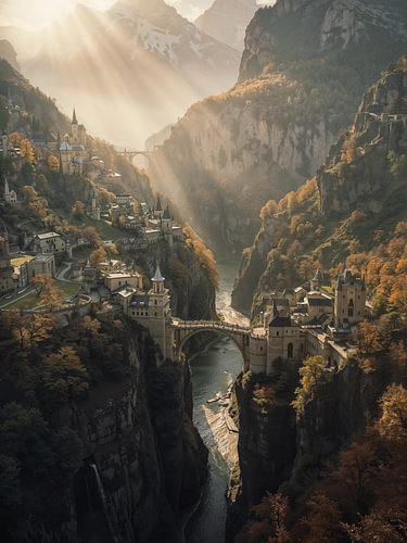 Hidden Waterfall Town in Autumn – Fantasy Wall Art