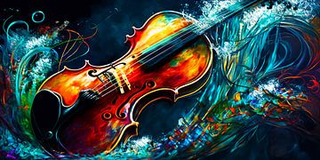 Ein farbenfrohes abstraktes Gemälde einer Geige: Harmonie von Surreal Media