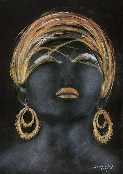 Porträt einer afrikanischen Frau mit Gold. Handbemalt. von Ineke de Rijk