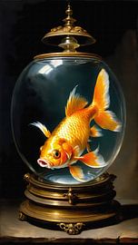 Large goldfish in glass bell jar by Maud De Vries