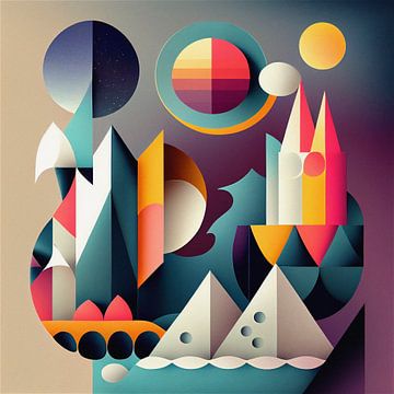 Surrealistische, abstarcte geometrische vormen in zachte kleuren van Roger VDB