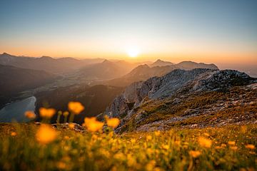 Bloemrijk uitzicht op de bergen van Tannheim bij zonsondergang van Leo Schindzielorz