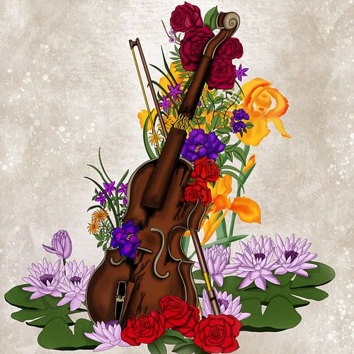 Broken violin surrounded by flowers