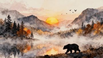 Sunset Mountain Lake Wall Art – Bear Wildlife Landscape Illustration by ForKey