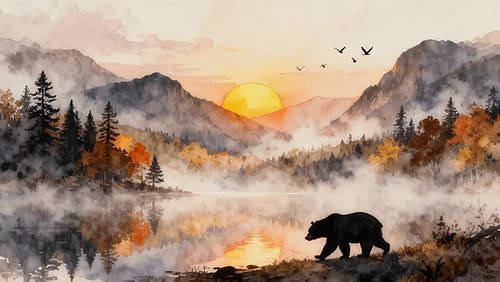 Sunset Mountain Lake Wall Art – Bear Wildlife Landscape Illustration