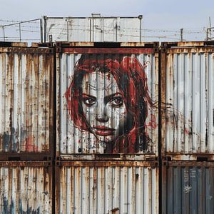 Container Graffiti Frau Portrait rote Haare Streetart