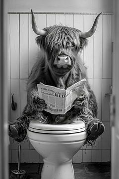 Highland Cattle Reading Newspaper on Funny WC Poster by Felix Brönnimann