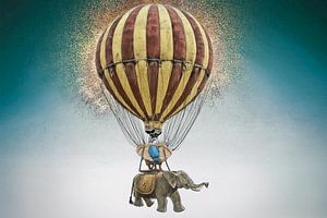 Elefant schwebt auf einem Heißluftballon durch die Luft