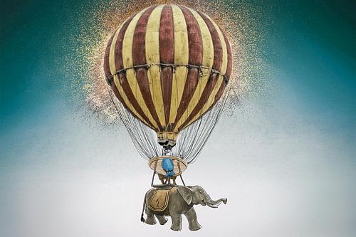 Olifant zweeft door de lucht aan een luchtballon