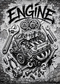 Black and white automotive engine illustration with tools and 