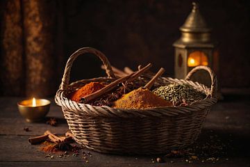Wicker basket filled with oriental spices by Jan Bouma