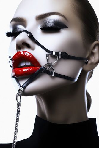 Digitaal creëerde hele mooie vrouw met bizarre fetisj masker in high fashion stijl