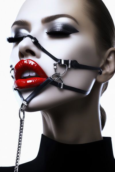 Digital created very beautiful woman with bizarre fetish mask in high fashion style by Art Bizarre