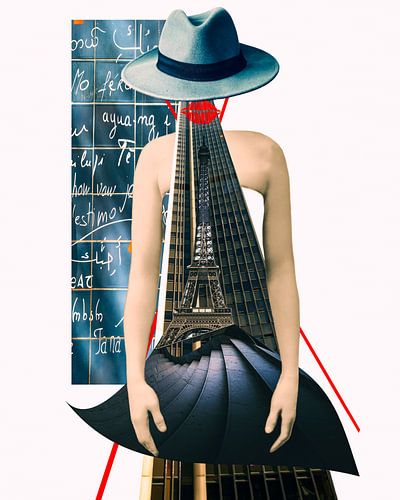 Collage fantasy woman staircase Eiffel Tower