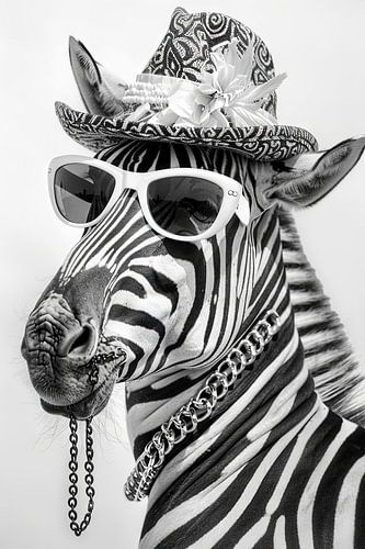 Zèbre avec chapeau et lunettes de soleil en noir et blanc
