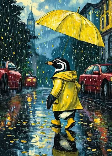 Penguin in Raincoat with Umbrella