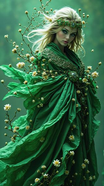 Belle femme blonde portant une robe verte brodée d'or et de fleurs posant dans la forêt par Markus Gann