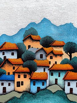 Kleurig dorpje op een heuvel. Grof canvas.