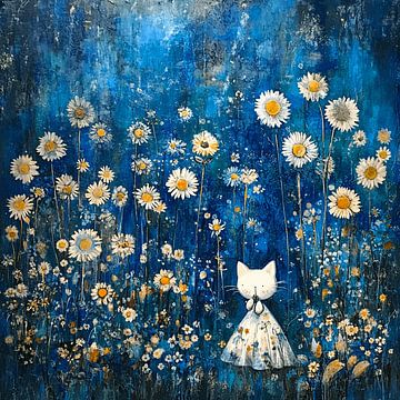 Dromerige Veldbloemen | De Witte Kat tussen Madeliefjes van Karina Brouwer