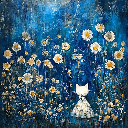 Dreamy Field Flowers | The White Cat among Daisies