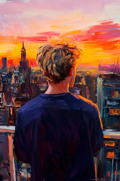 Junger Mann betrachtet Sonnenuntergang von Poster Art Shop