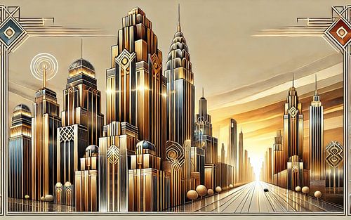 Gouden Stadssilhouet bij zonsondergang in Art Deco