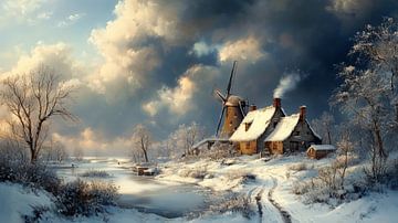 Molen in winterlandschap van Preet Lambon