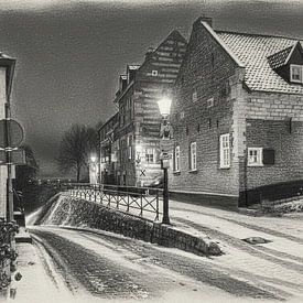 Elsloo am Abend im Winter mit Schnee in Holzkohle von Maurice Meerten