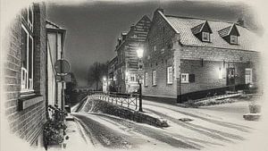 Elsloo in de avond in de winter met sneeuw in houtskool