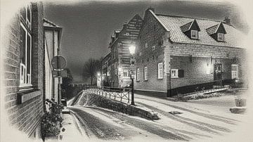 Elsloo am Abend im Winter mit Schnee in Holzkohle