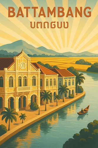 Battambang Vintage Poster – French Colonial Architecture & River Art