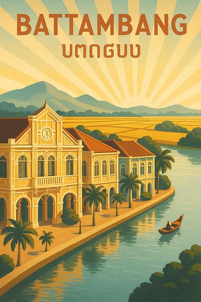 Battambang Vintage Poster - Französische Kolonialarchitektur &amp; Flusskunst von Travel Shop
