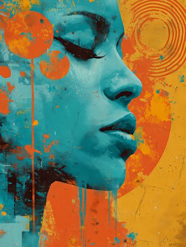 Side profile in turquoise - modern pop art with warm accents