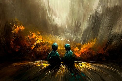 Twee figuren in abstract landschap