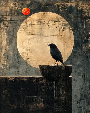 Modern Stilleven Vogel | Crimson Orb Vigil van Kunst Kriebels