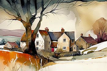 Aquarell Landschaft, saisonales Dorf